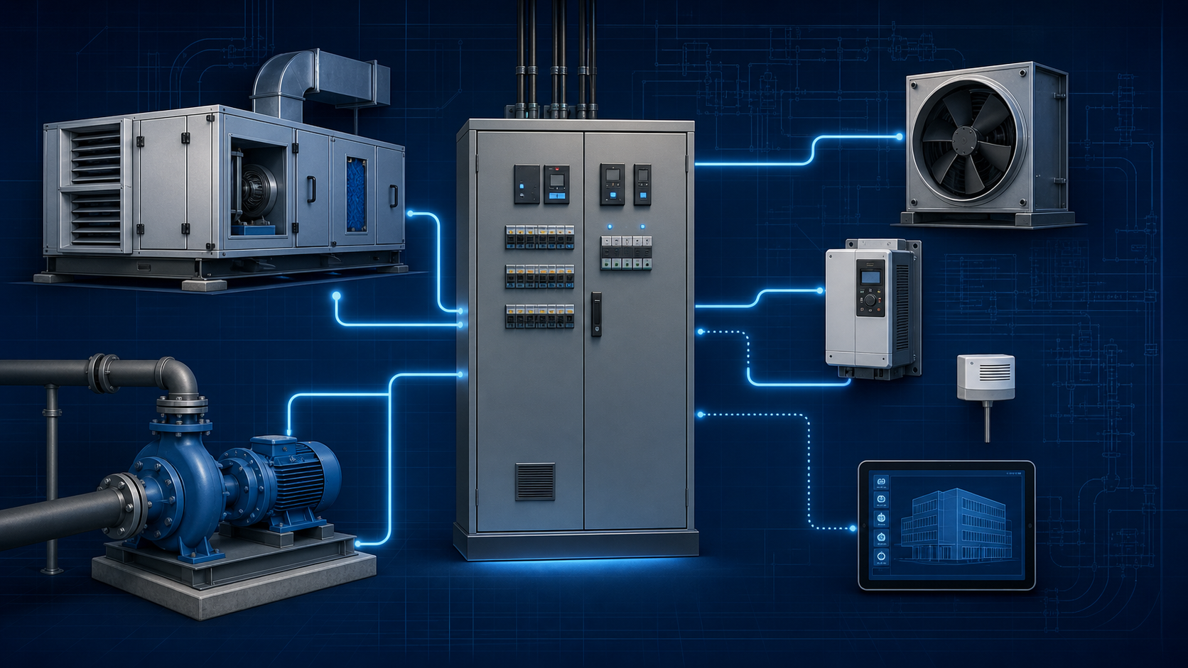Electrical control panel connected to commercial HVAC equipment, a pump, VSD, sensor and building management system.