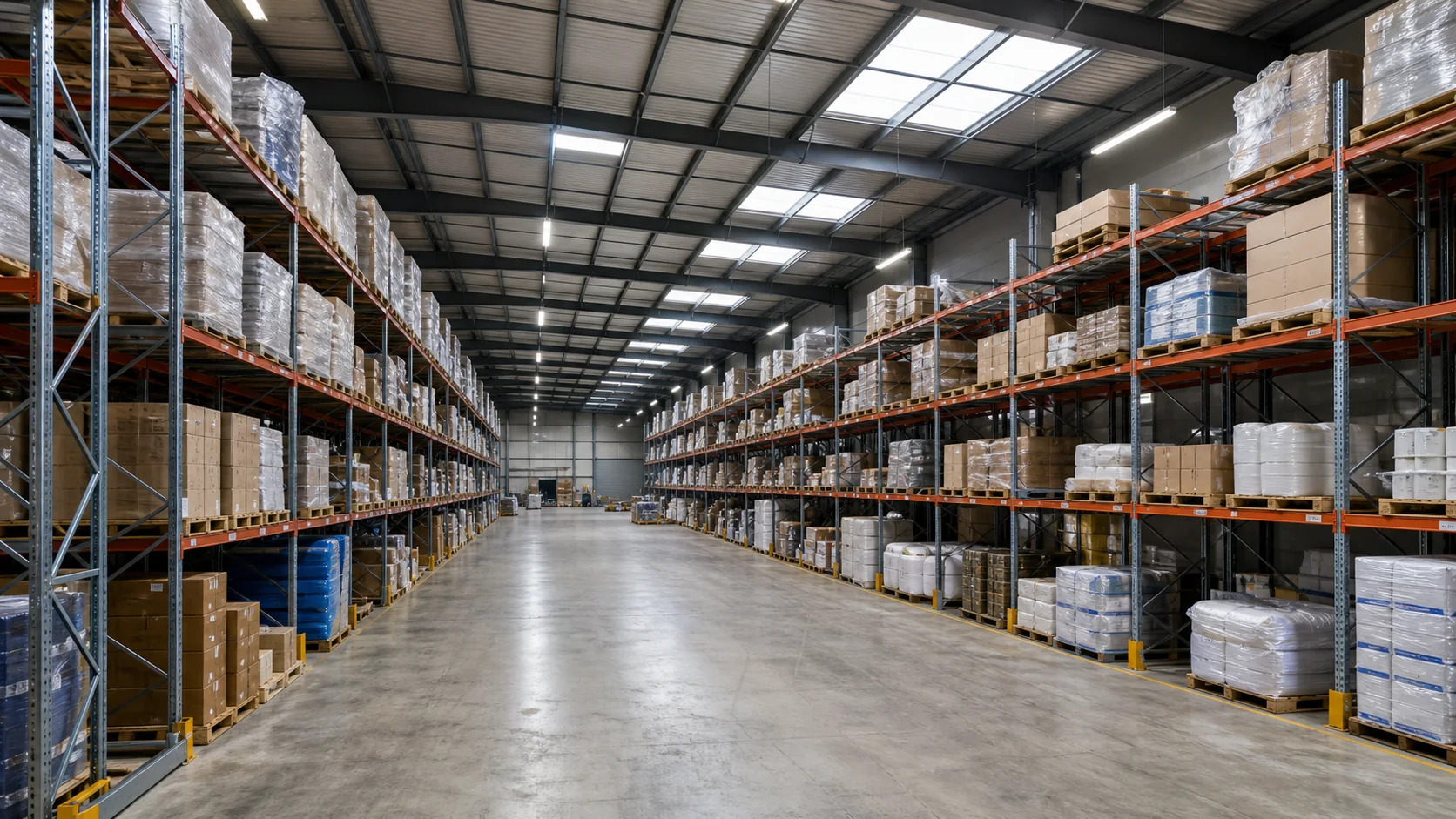 Commercial warehouse aisle with pallet racking, rooflights and high-bay LED lighting