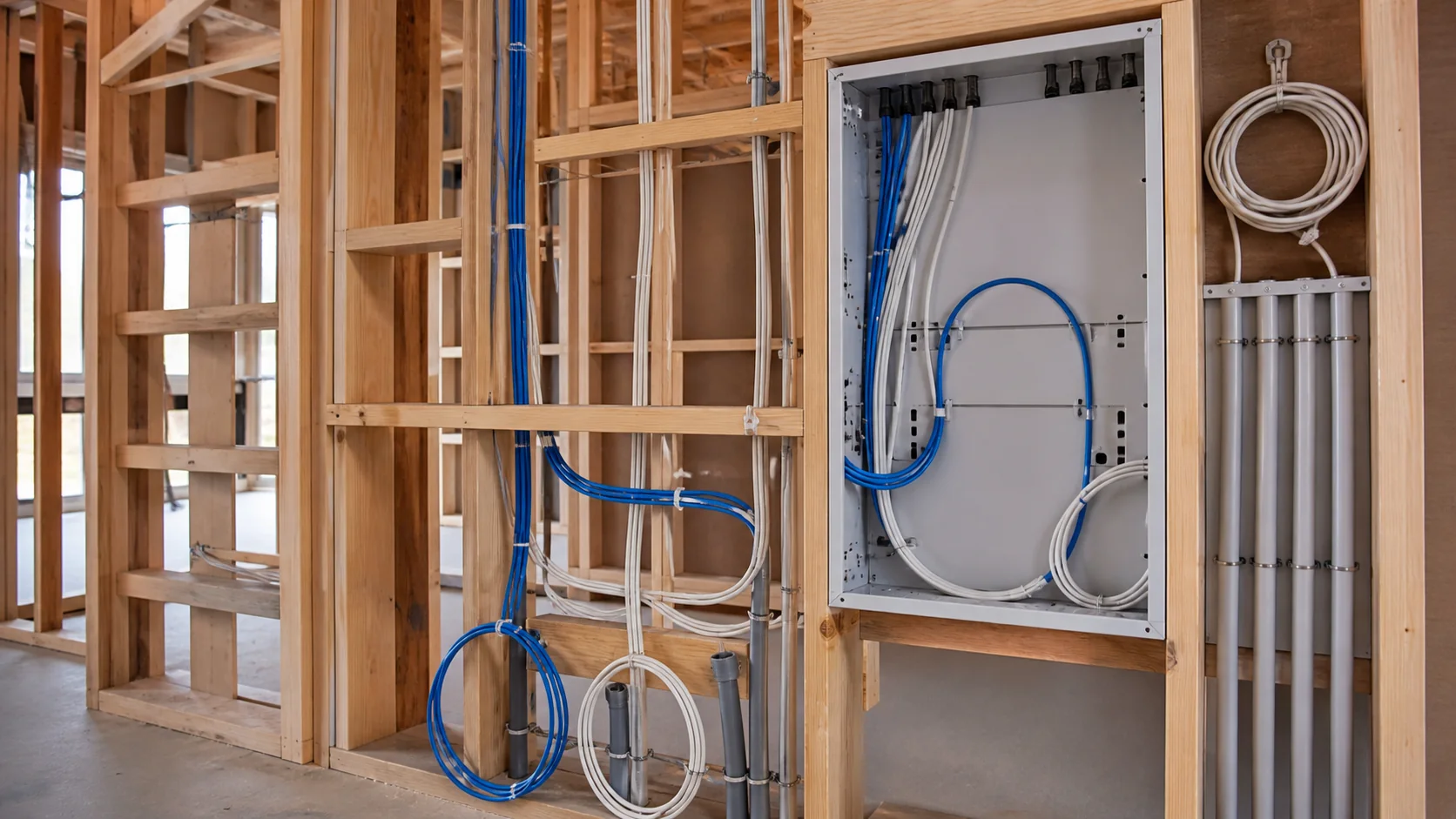 Structured smart-home cabling and conduit installed through timber framing before wall linings