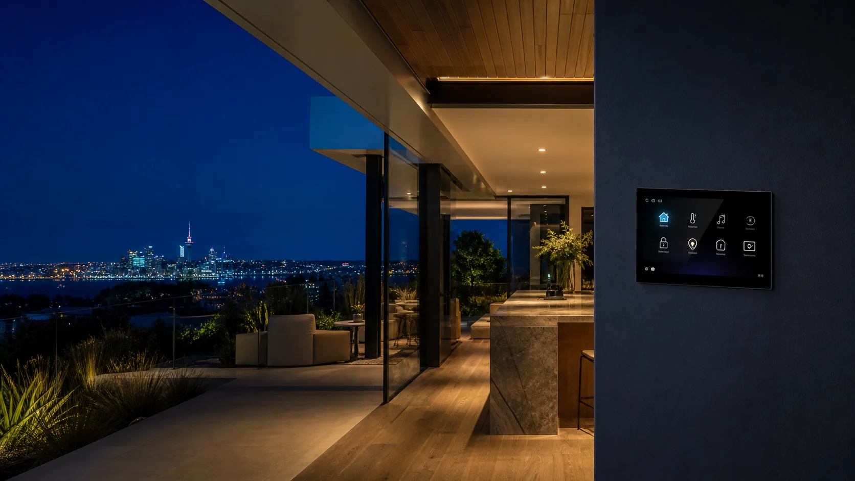 Integrated smart home with Control4 touchscreen, lighting and entertainment control