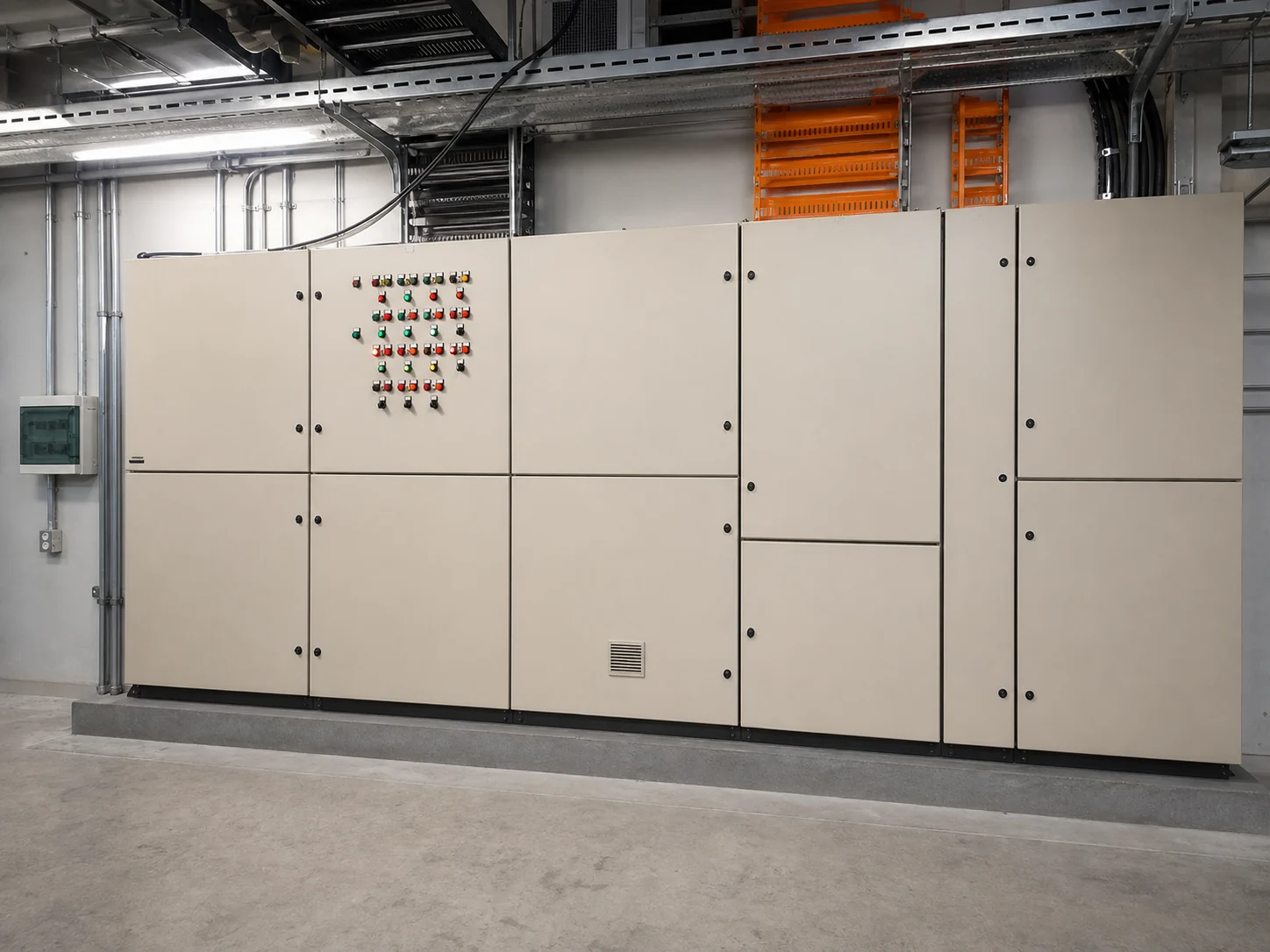 Completed commercial switchboard lineup with overhead cable tray and control indicators