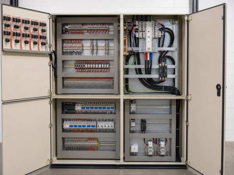 Open commercial switchboard showing coordinated power, controls and terminal wiring