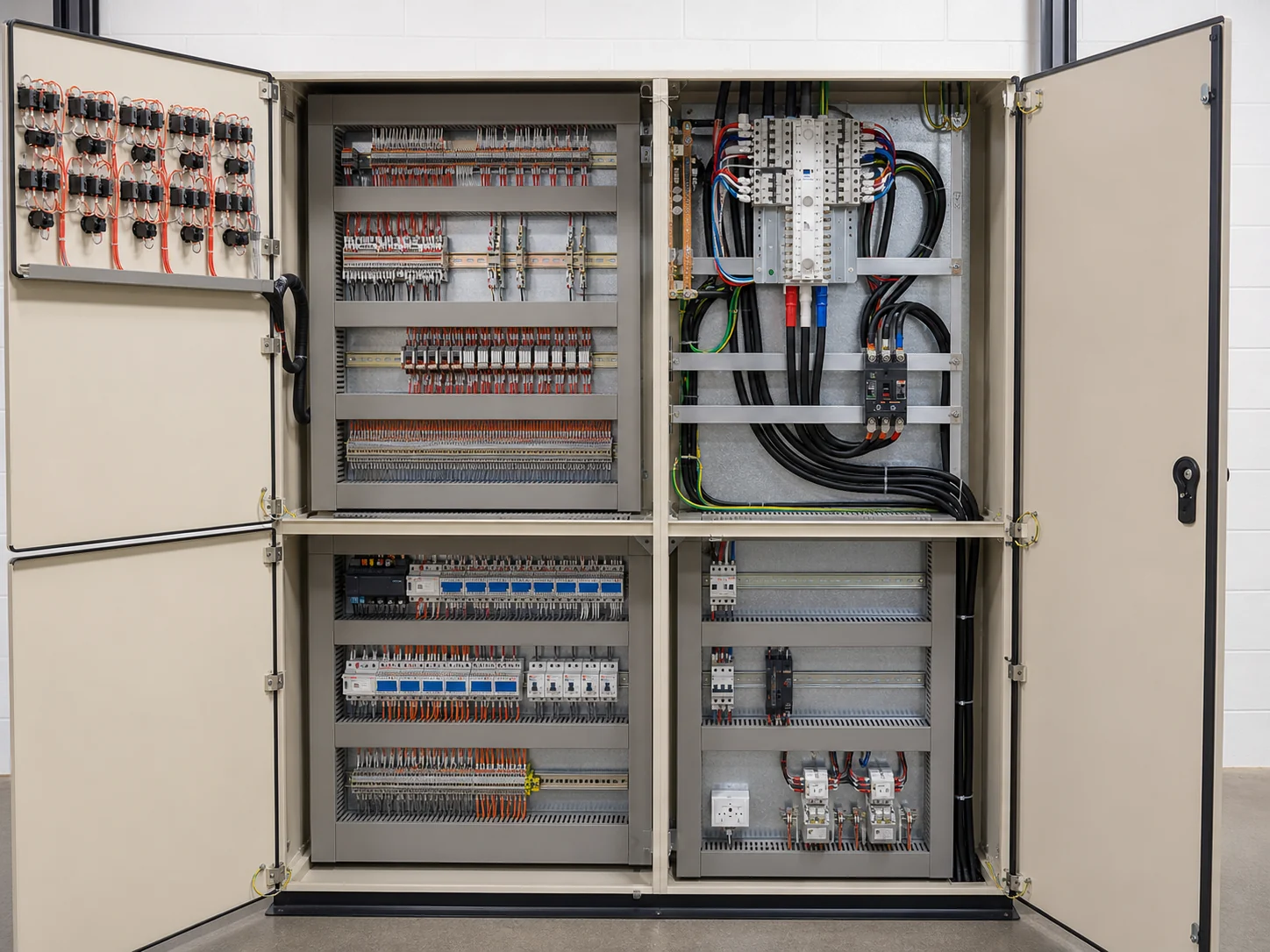 Open commercial switchboard showing coordinated power, controls and terminal wiring